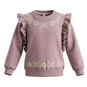 Cupcakes and Cashmere Girls Mauve Floral Embroidered Ruffle Sweatshirt S 5/6